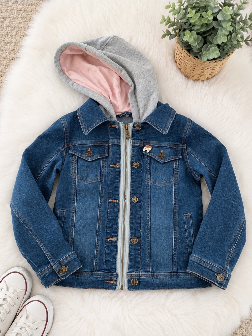 Urban Republic Girl’s Blue Denim Jacket Gray Hood & Pin! - Picture 7 of 11
